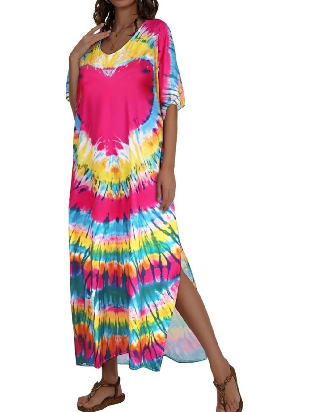 Women's Big Pink Heart Plus Size V Neck Caftan Long Batwing Sleeve Cover Up - Picture 5 of 6